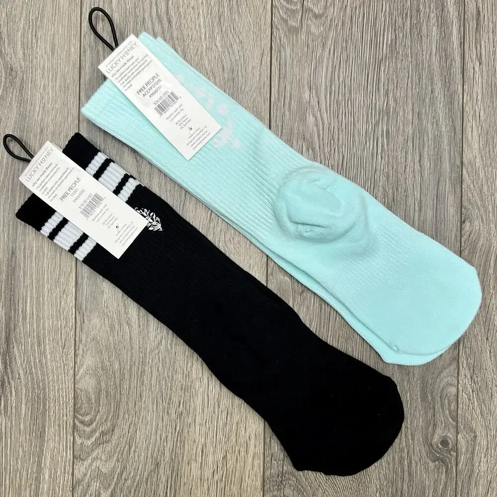 2 Pack Free People Movement Logo Stripe Tube Last Lap Socks Black Lucky Honey